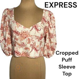Express Crop Top Blouse Floral Linen Blend Boho Balloon Sleeve